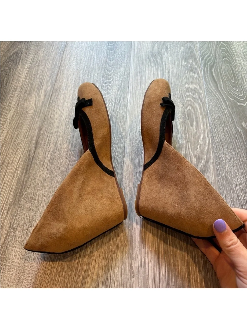 Jeffrey Campbell Tan Suede Wedges with Black Bow Accent